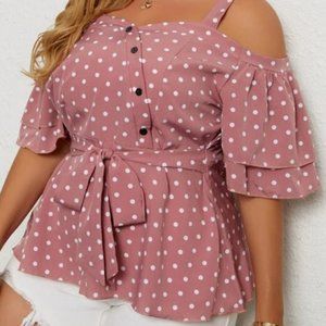 Plus Cold Shoulder Polka Dot Belted Blouse Dusty Pink 3XL